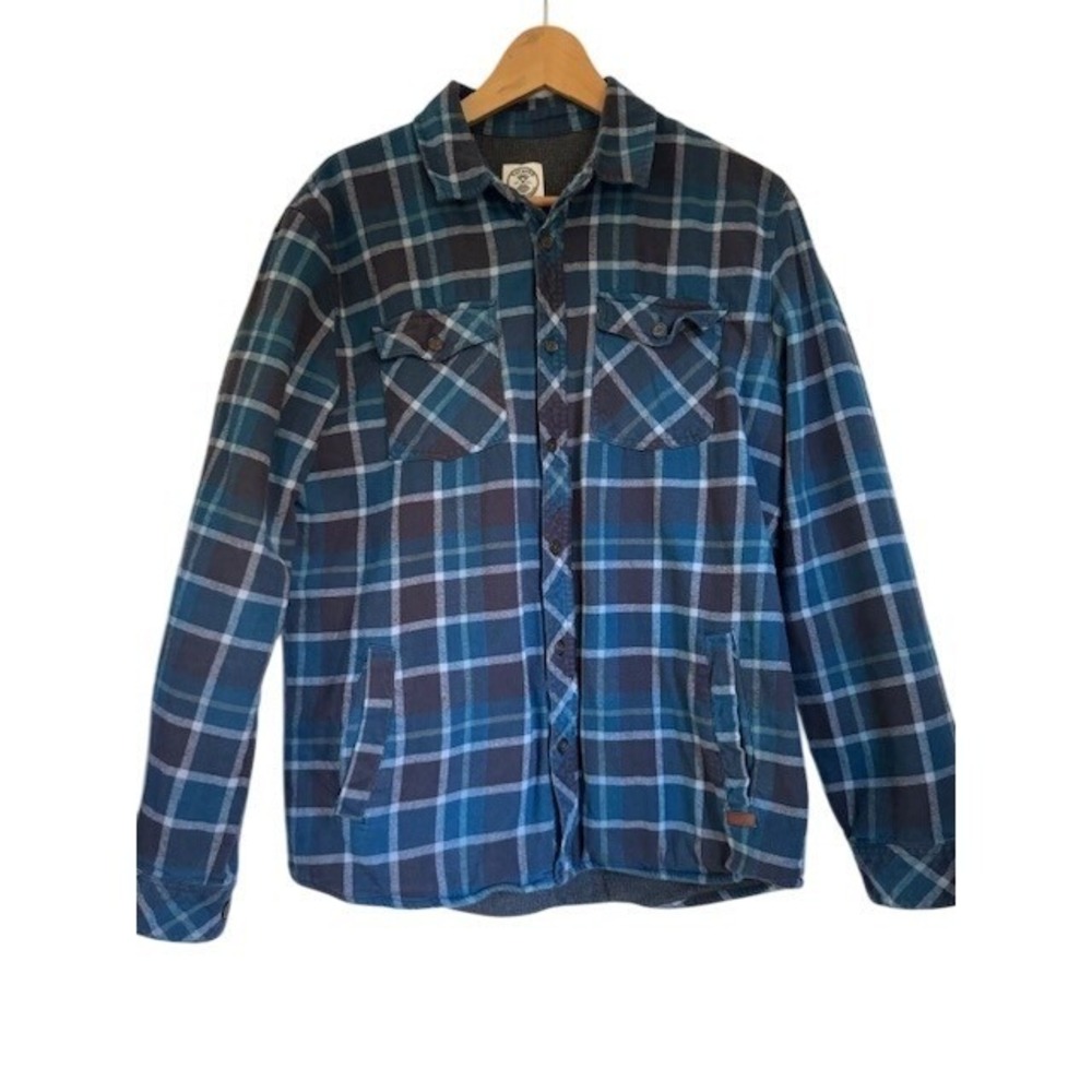 Voyager Mens Flannel Shirt Jacket Quilted Lined Button Up Blue Brown - Medium